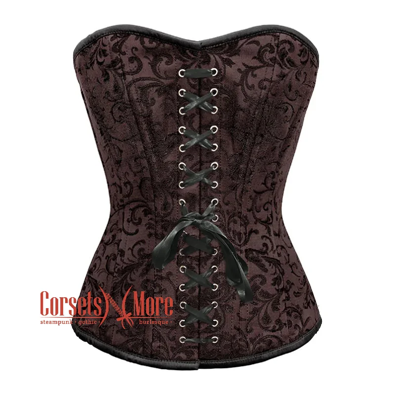 Brown Brocade Steel Boned Front Black Ribbon Overbust Corset