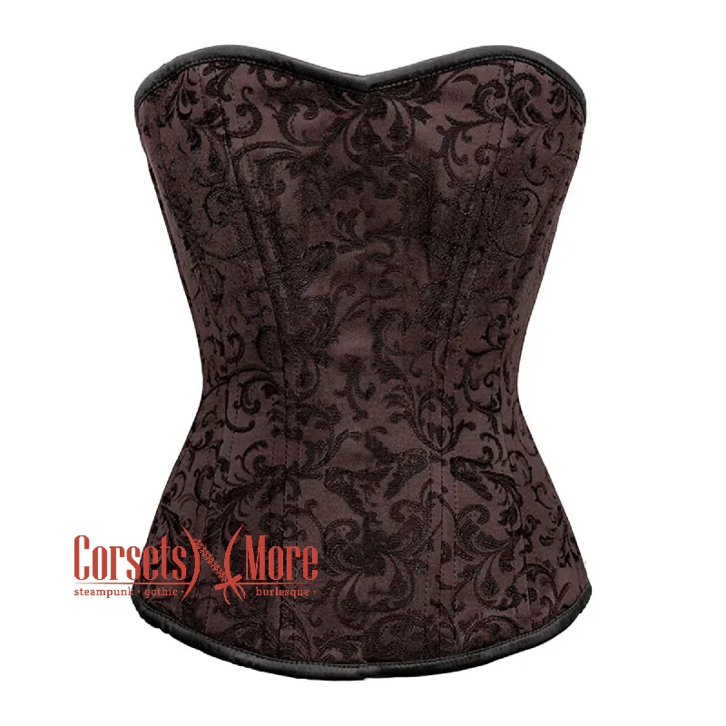 Brown Brocade Steel Boned Front Closed Overbust Corset