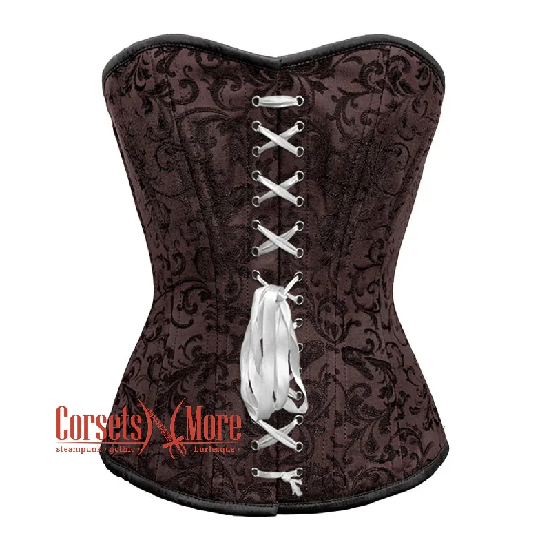 Brown Brocade Steel Boned Front Ribbon Overbust Corset