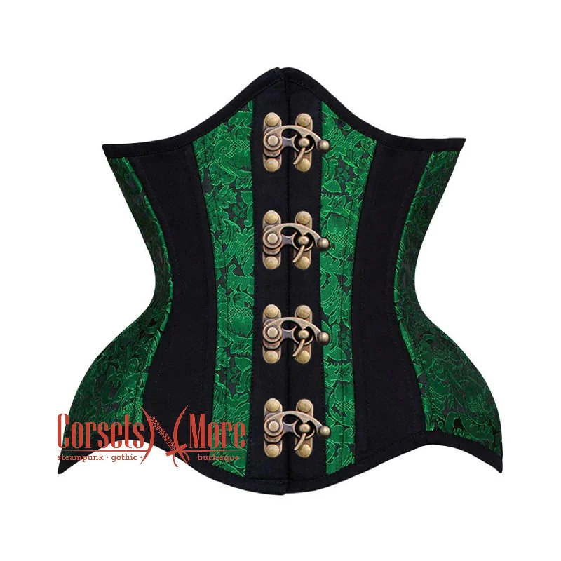 Green Black Brocade Black Cotton Stripe Antique Clasps Steampunk Underbust Corset