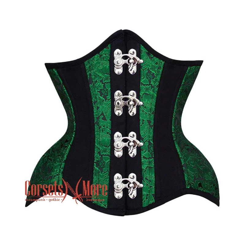 Green Black Brocade Black Cotton Stripe Front Clasps Steampunk Underbust Corset