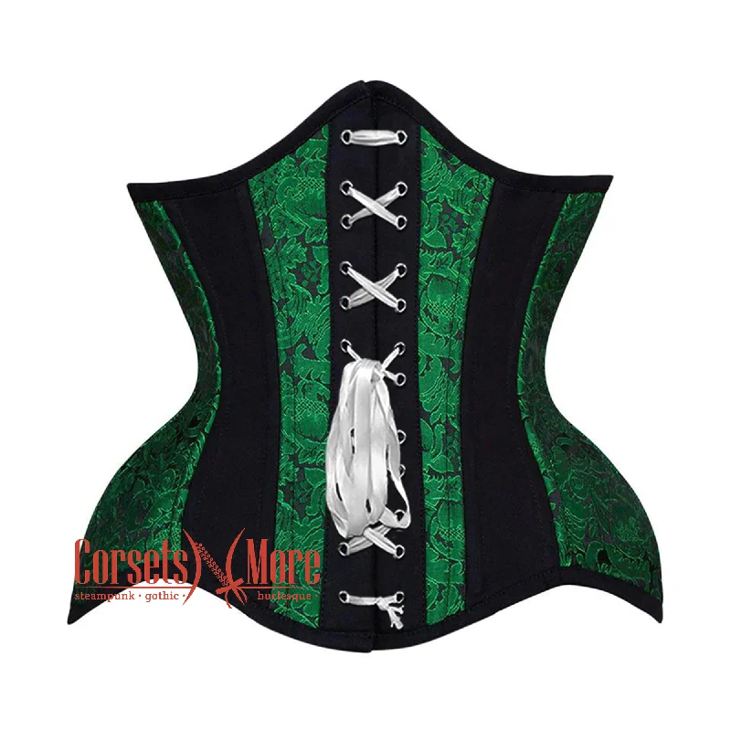 Green Black Brocade Black Cotton Stripe Front White Lace Steampunk Underbust Corset