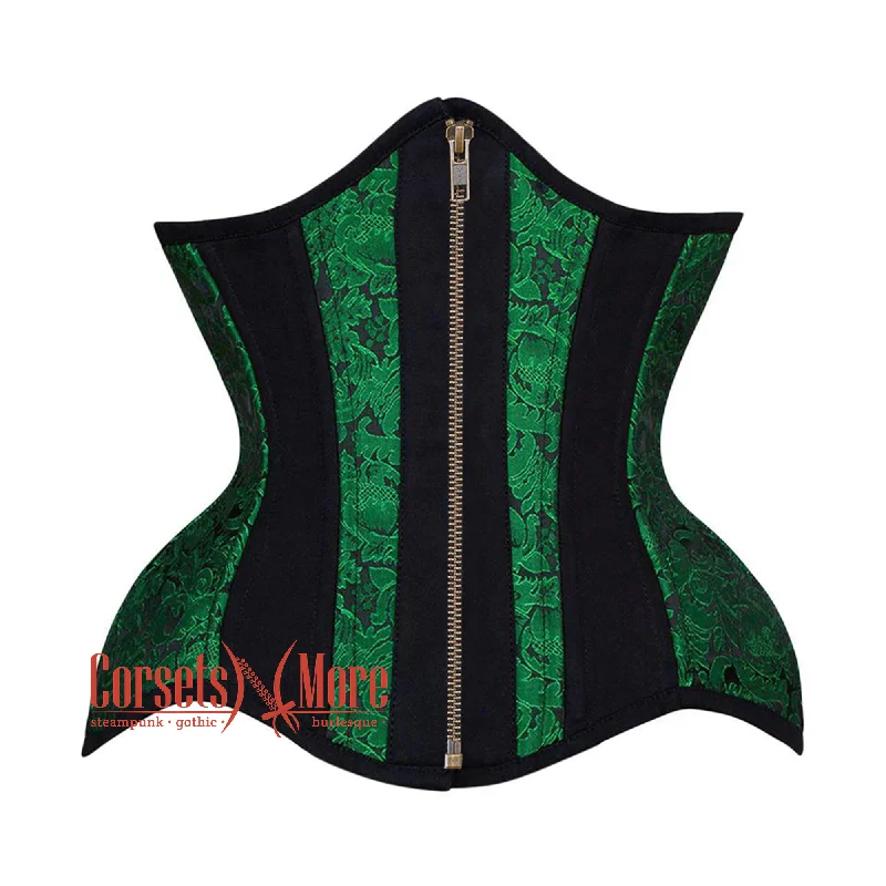 Green Black Brocade Black Cotton Stripe Front Zipper Steampunk Underbust Corset