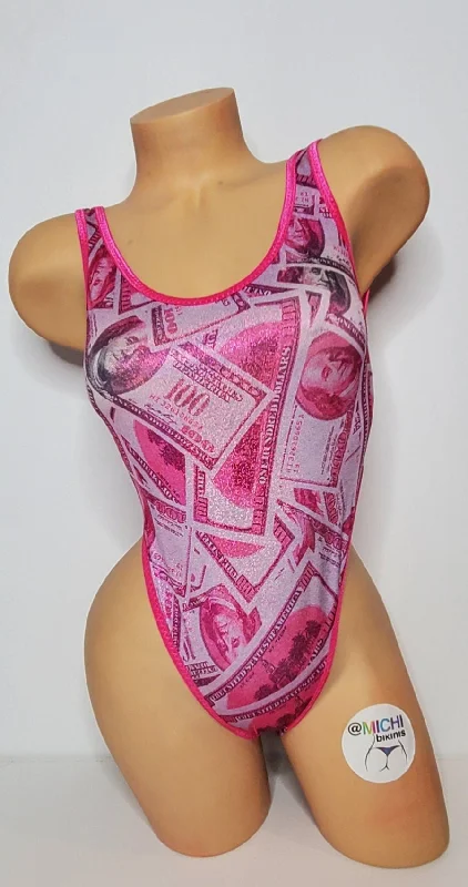 Hot Pink Hundred Dollar Bills Pattern with Hot Pink Trim 1 Piece Bodysuit Size SMALL