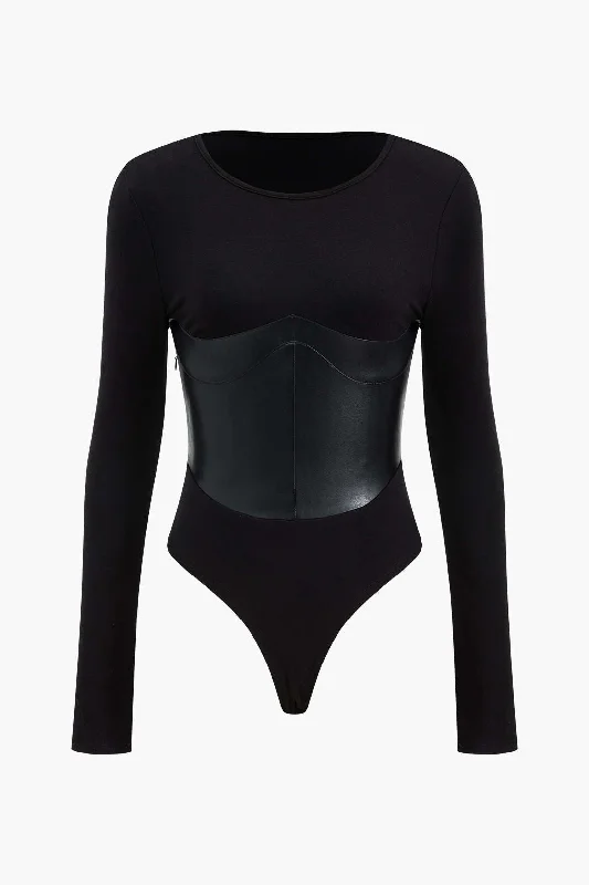 Faux Leather Long Sleeve Patchwork Bodysuit