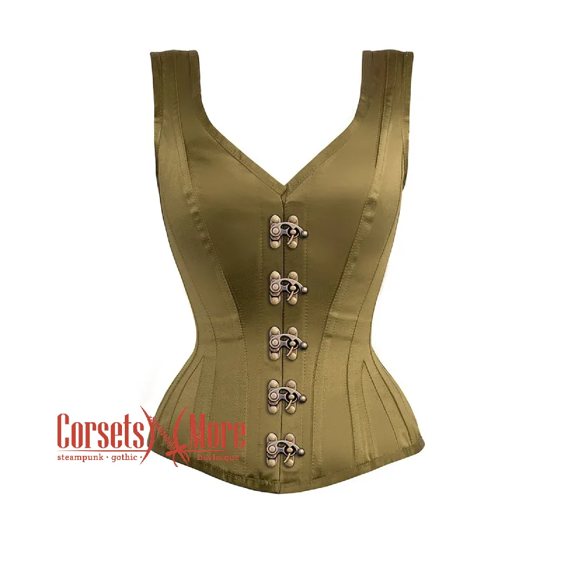 Olive Green Satin Burlesque Shoulder Strap Antique Clasps Corset Gothic Overbust Bustier Top