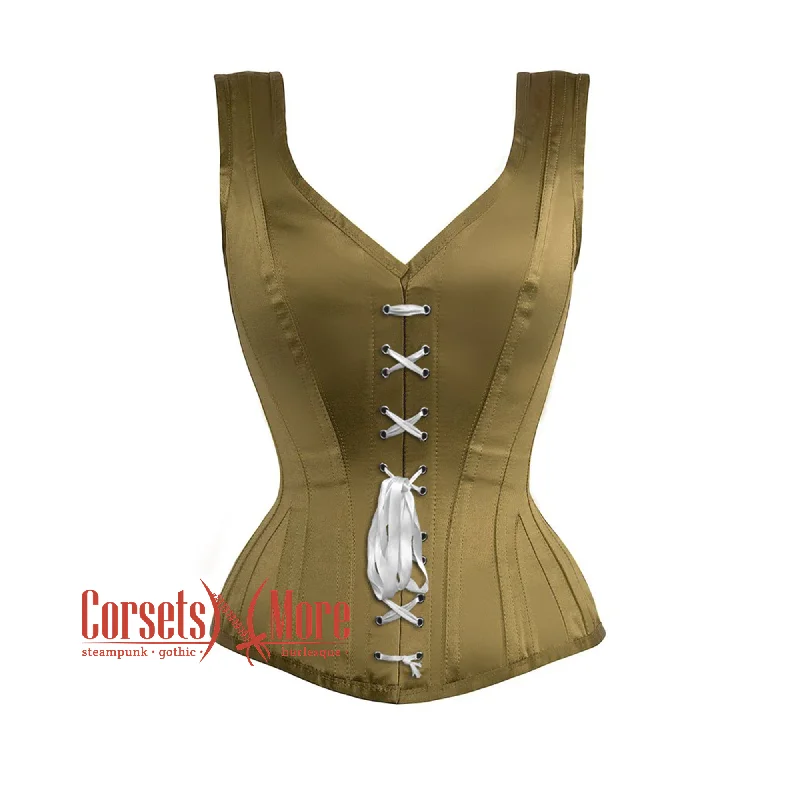 Olive Green Satin Burlesque Shoulder Strap Lace Design Corset Gothic Overbust Bustier Top