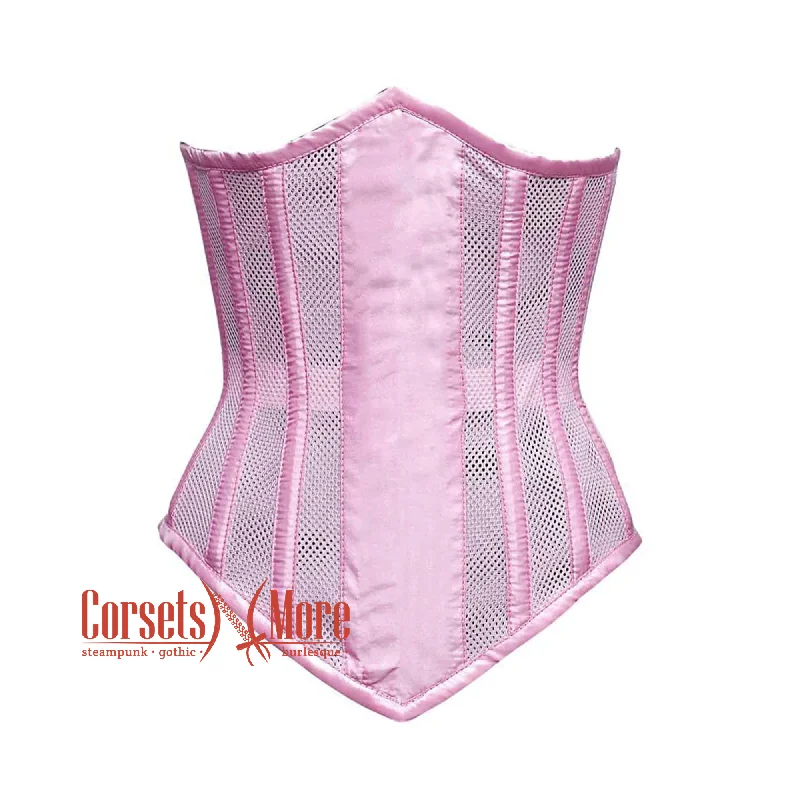 Pink Satin Mesh With Front Close Long Underbust Corset