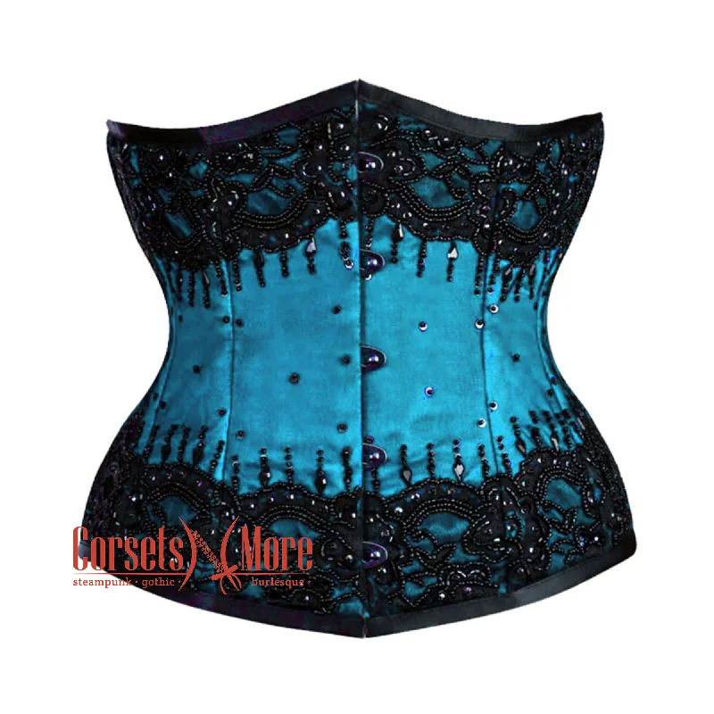 Plus Size Baby Blue Satin Black Sequins Burlesque Underbust Gothic Corset