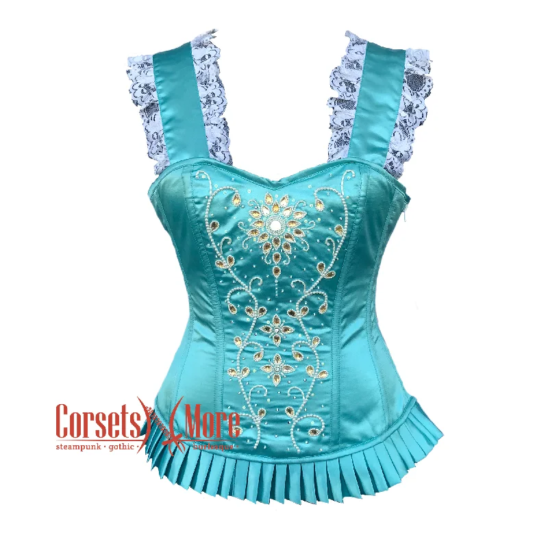 Plus Size Baby Blue Satin White Sequins Work With Shoulder Strap Burlesque Overbust Corset Top