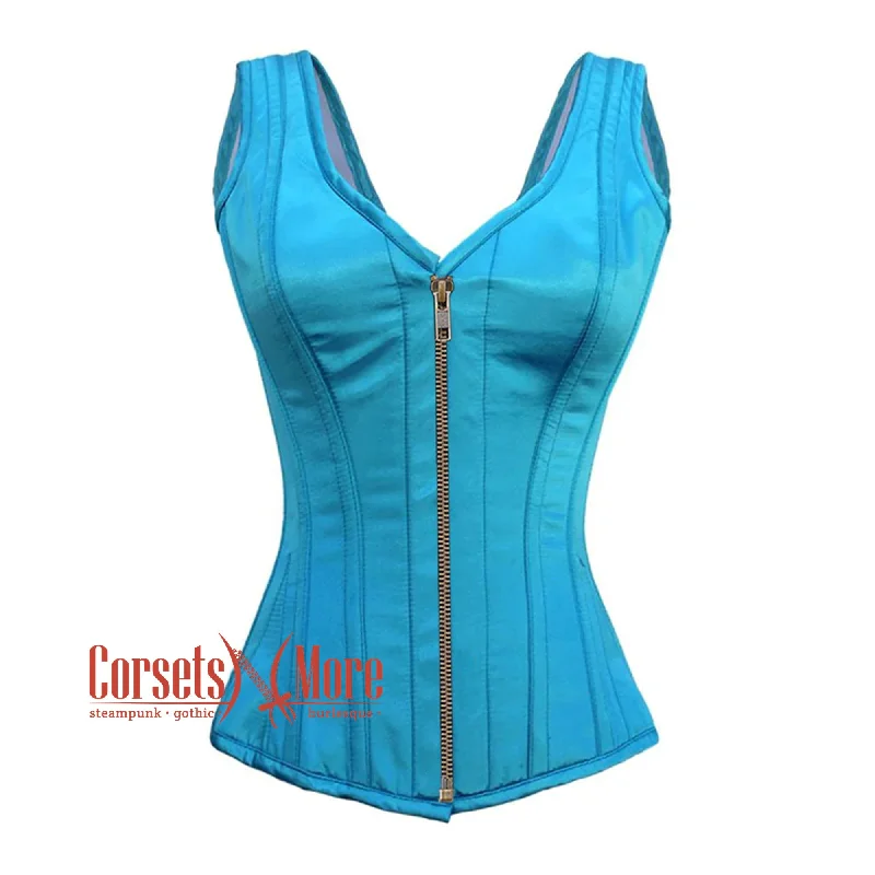 Plus Size Baby Blue Satin With Antique Zipper Gothic Overbust Burlesque Corset Waist Training Top