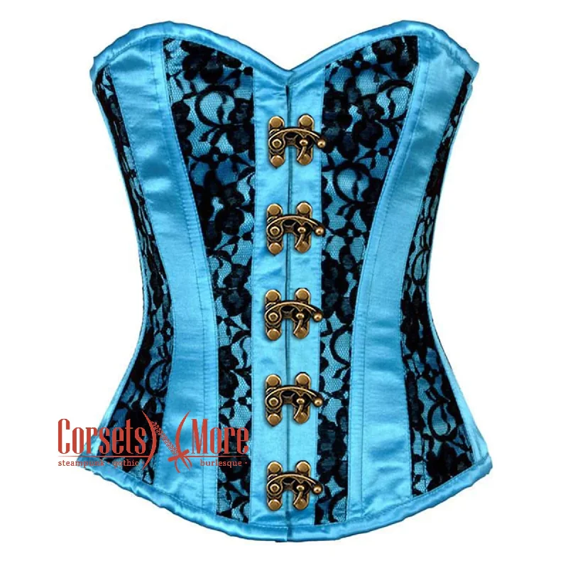 Plus Size Baby Blue Satin With Black Net Front Clasps Gothic Overbust Burlesque Corset