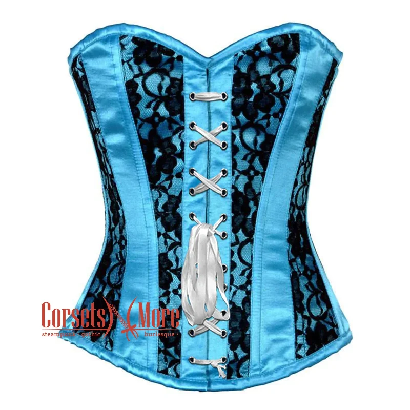 Plus Size Baby Blue Satin With Black Net Front Ribbon Gothic Overbust Burlesque Corset