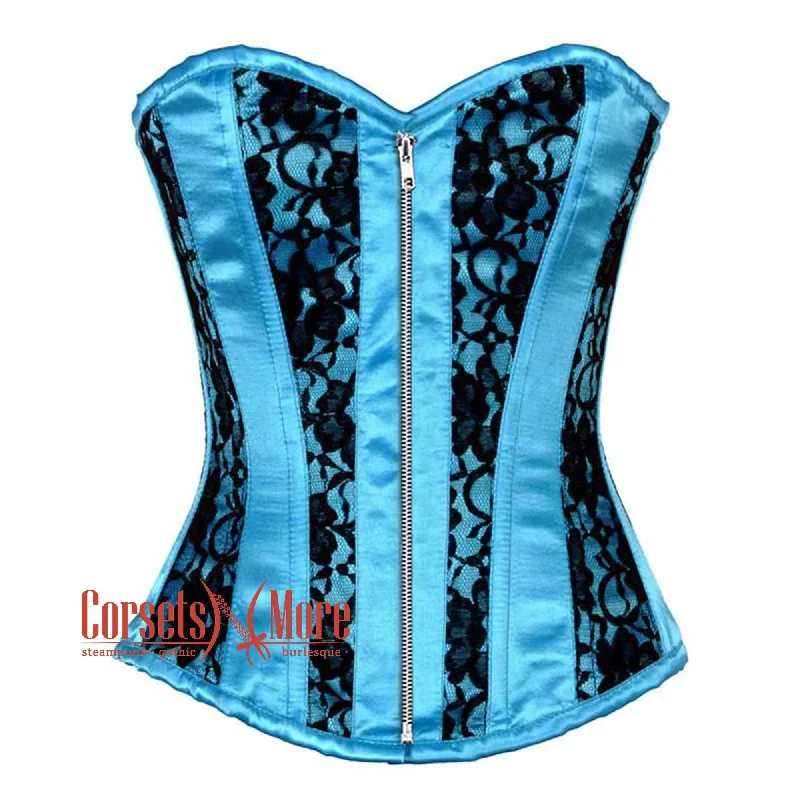 Plus Size  Baby Blue Satin With Black Net Front Zipper Gothic Overbust Burlesque Corset