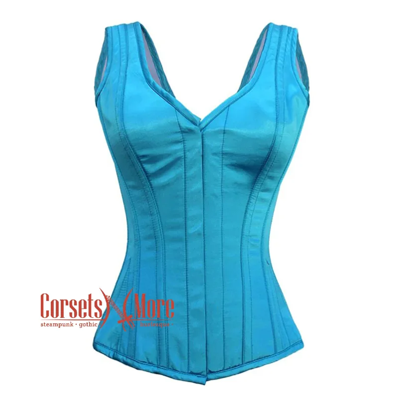 Plus Size Baby Blue Satin With Front Close Gothic Overbust Burlesque Corset Waist Training Top