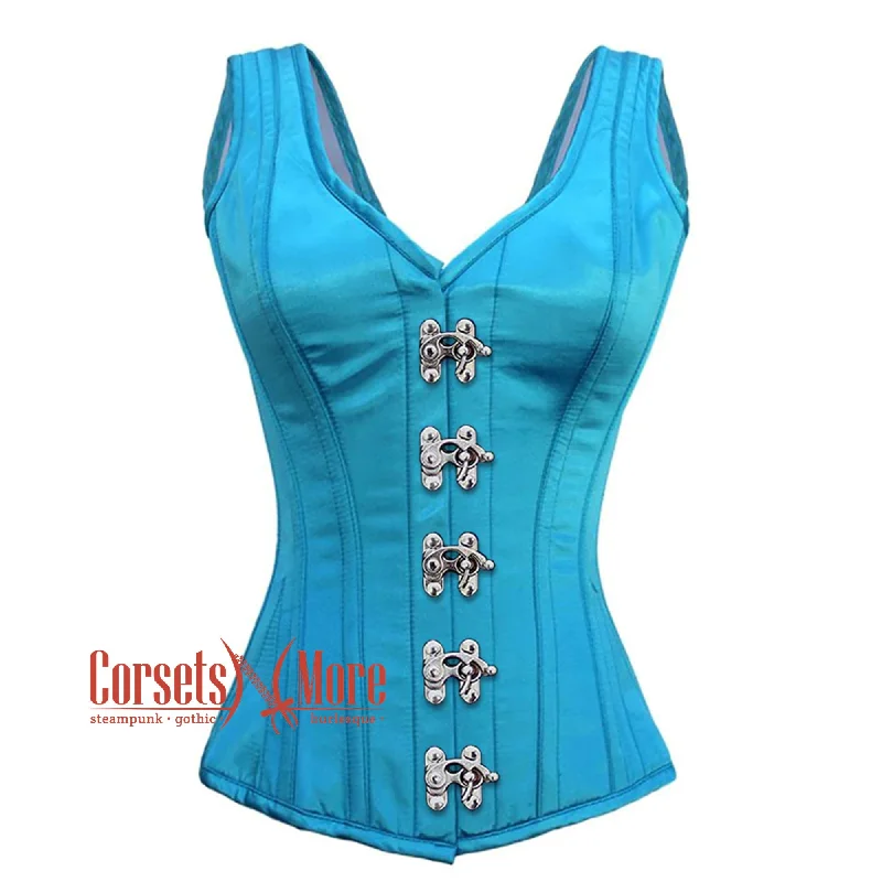 Plus Size Baby Blue Satin With Front Silver Clasps Gothic Overbust Burlesque Corset Waist Training Top