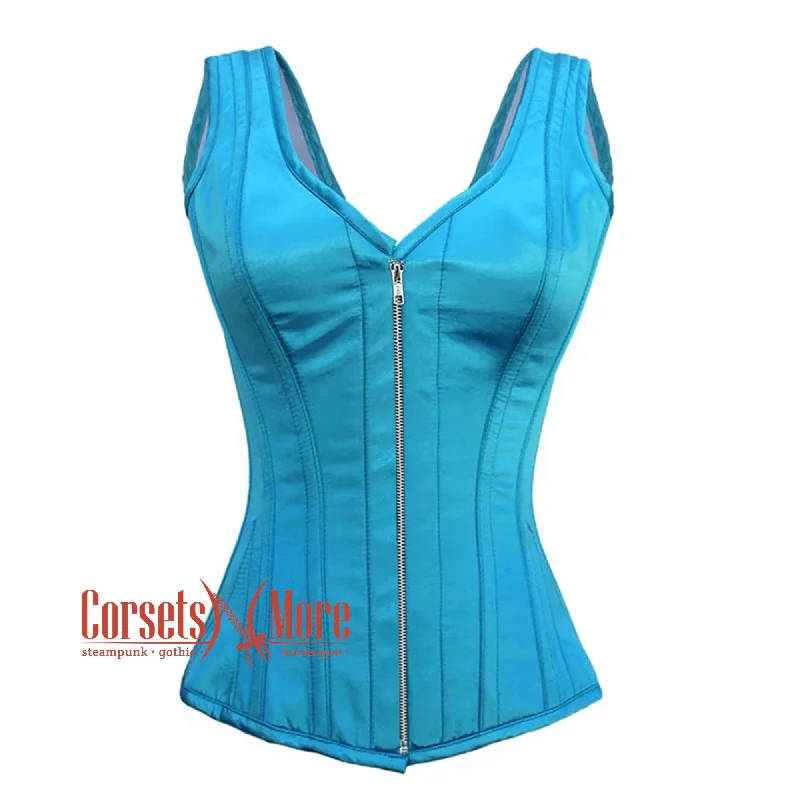 Plus Size Baby Blue Satin With Front Silver Zipper Gothic Overbust Burlesque Corset Waist Training Top