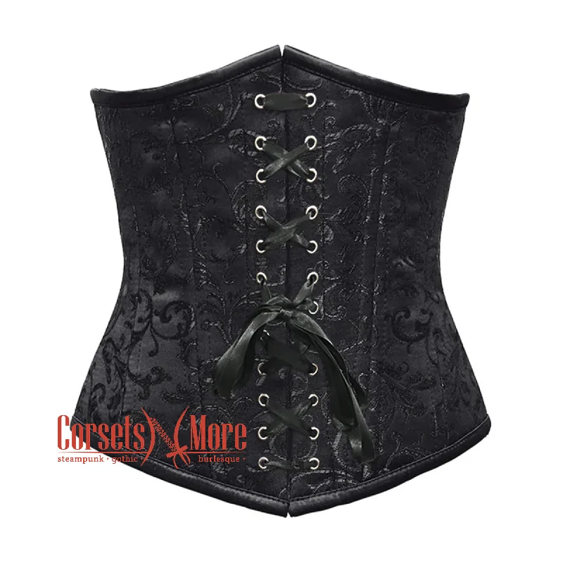 Plus Size Black Brocade Front Ribbon Double Boned Underbust Gothic Corset