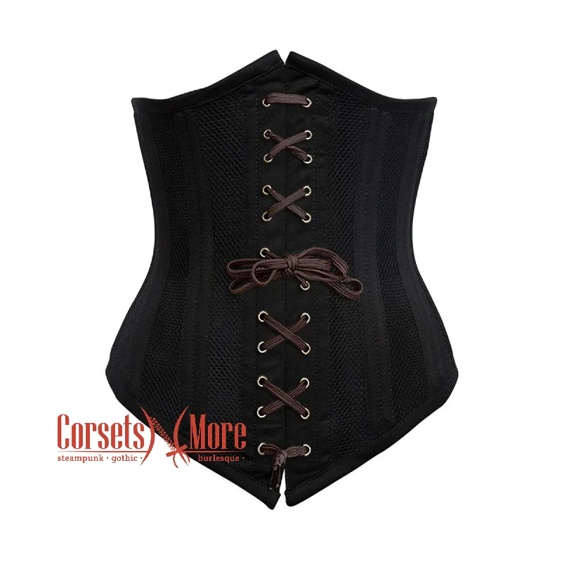 Plus Size Black Cotton Mesh Double Boned Front Brown Lace Long Underbust Steampunk Corset