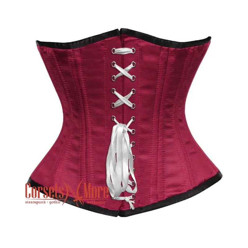 Plus Size Maroon Satin Double Bone Front White Lace Gothic Waist Training Underbust Corset Bustier Top