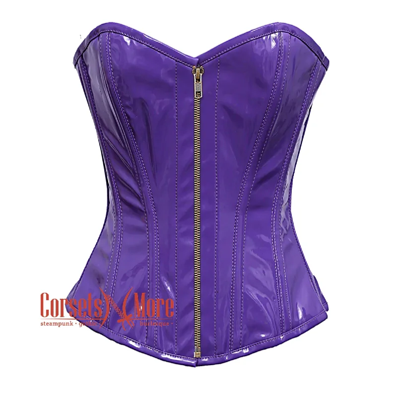 Plus Size Purple PVC Leather With Antique Zipper Gothic Overbust Burlesque Corset Waist Training Top