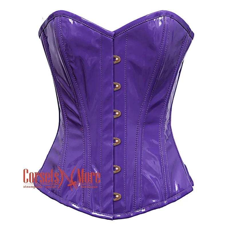 Plus Size Purple PVC Leather With Front  Antique Busk Gothic Overbust Burlesque Corset Waist Training Top