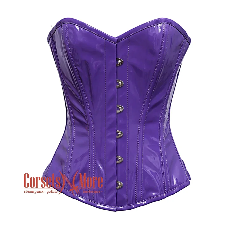 Plus Size Purple PVC Leather With Front Silver Busk Gothic Overbust Burlesque Corset Waist Training Top