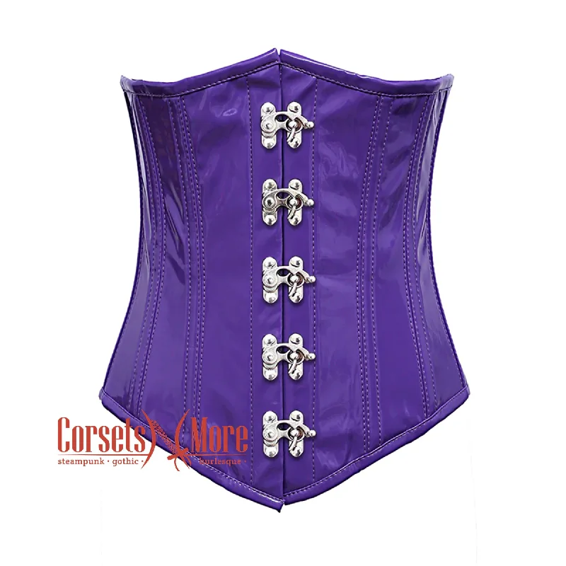 Plus Size  Purple PVC Leather With Front Silver Clasps Gothic Long Underbust Waist Training Corset