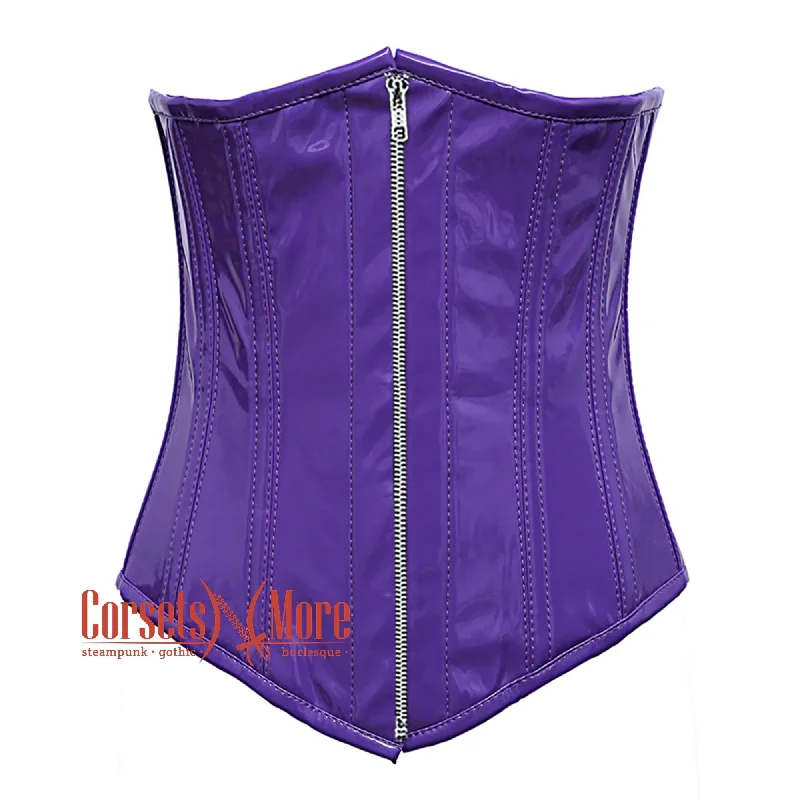 Plus Size  Purple PVC Leather With Front Silver Zipper Gothic Long Underbust Waist Training Corset