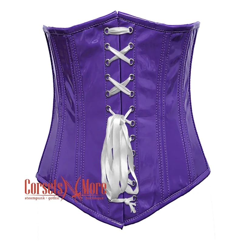 Plus Size Purple PVC Leather With White Lace Gothic Long Underbust Waist Training Corset