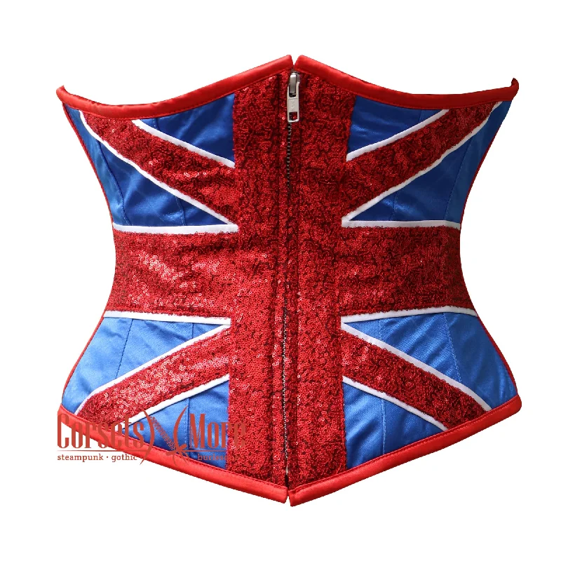 Plus Size Red Blue Satin Sequins UK Flag Zipper Burlesque Gothic Underbust Corset