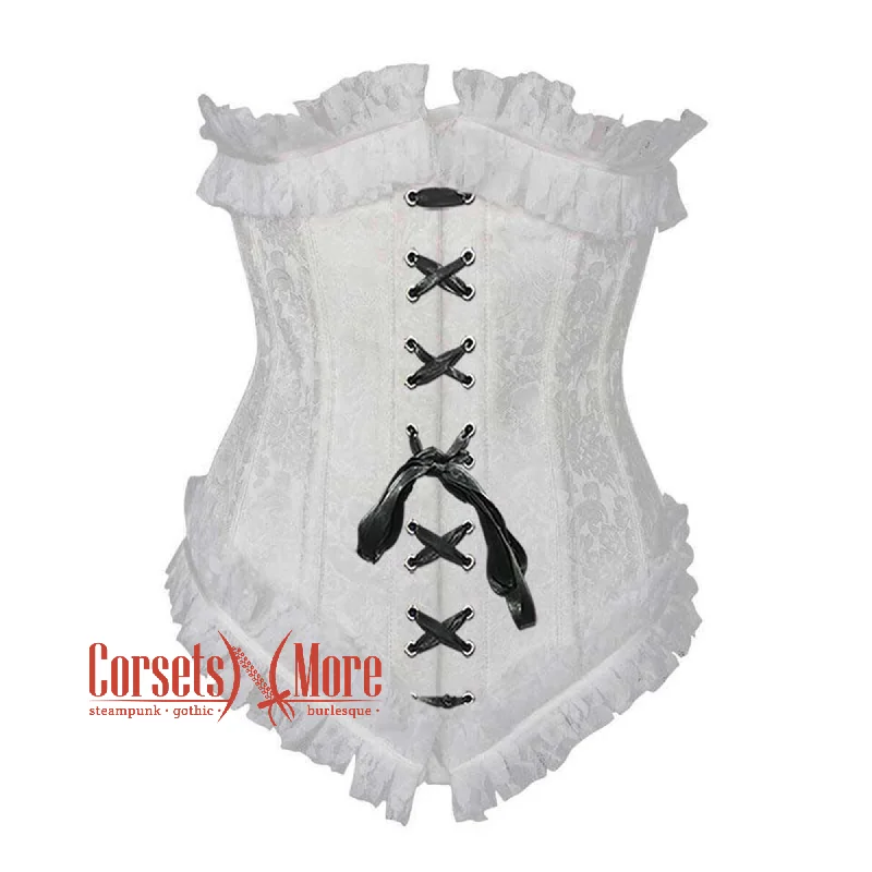 Plus Size White Brocade Black Lace Frill Net Design Gothic Waist Training Underbust Corset Bustier Top