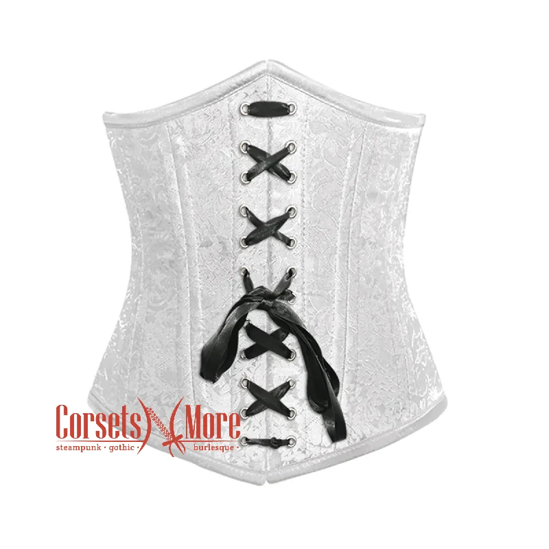 Plus Size White Brocade Front Black Lace Double Bone Steampunk Gothic Waist Training Underbust Corset Bustier Top