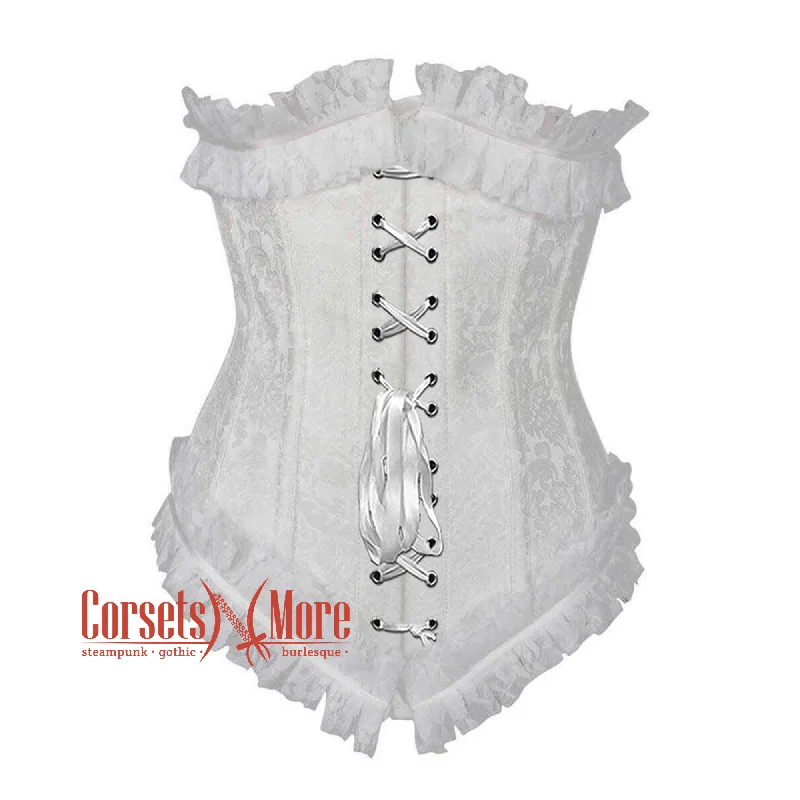 Plus Size White Brocade Front Lace Frill Net Design Gothic Waist Training Underbust Corset Bustier Top