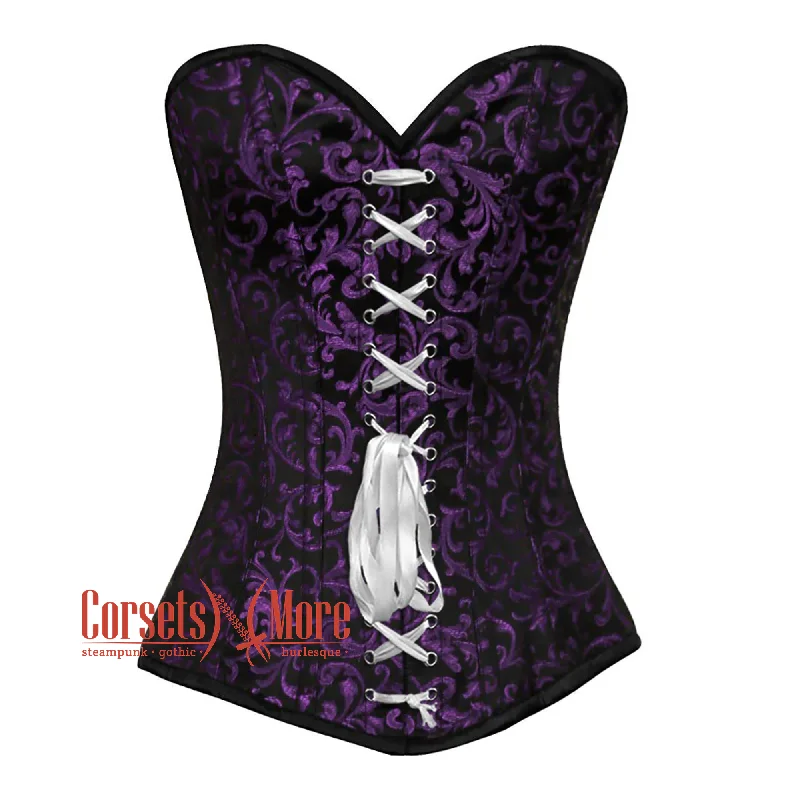 Purple And Black Brocade Front Lace Gothic Corset Overbust Top