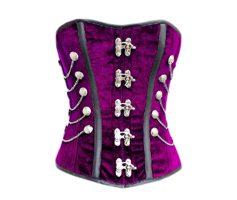 Purple Velvet Black Faux Leather Stripes Gothic Corset Overbust Costume for Mardi Gras