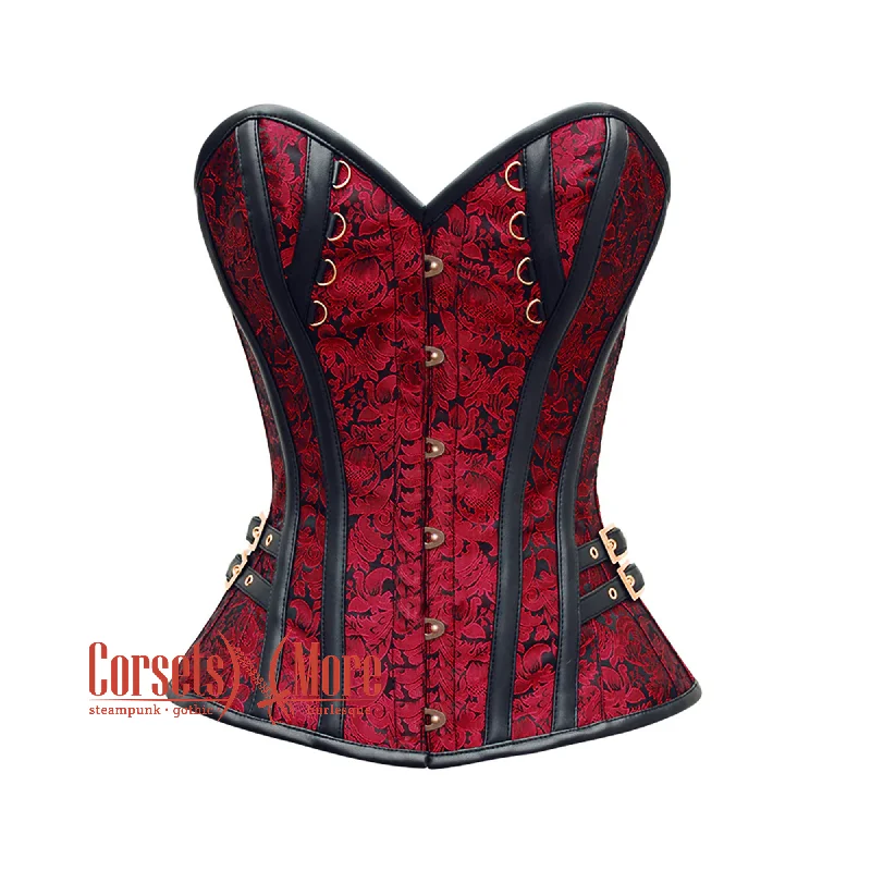 Red And Black Brocade Antique Busk Steampunk Costume Gothic Corset Overbust Top