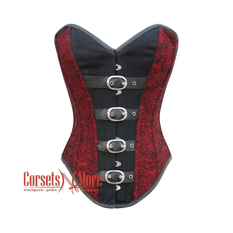 Red And Black Brocade Black Cotton Overbust Corset