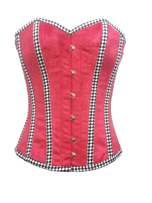 Red Velvet Check Stripes Gothic Burlesque Corset Waist Training Overbust