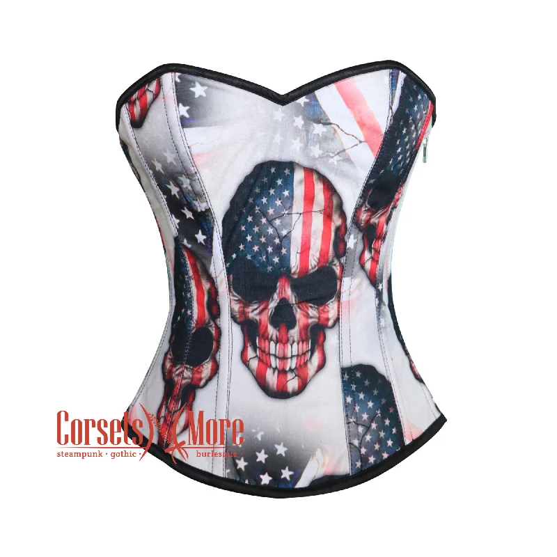 USA Flag Print Skull Cotton Gothic Overbust Burlesque Haunted Corset Top