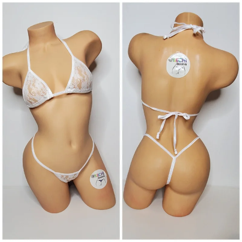 White Lace *Semi Sheer* with White Trim 2pc Bikini Set One Size