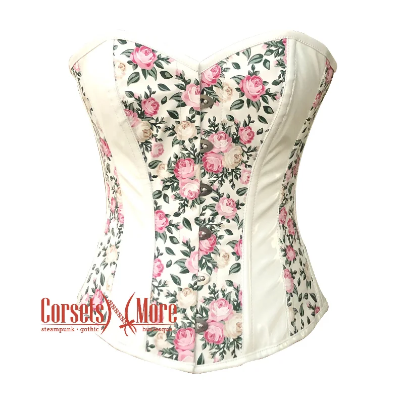 White PVC Floral Printed Soft Leather Gothic Overbust Steampunk Corset Top