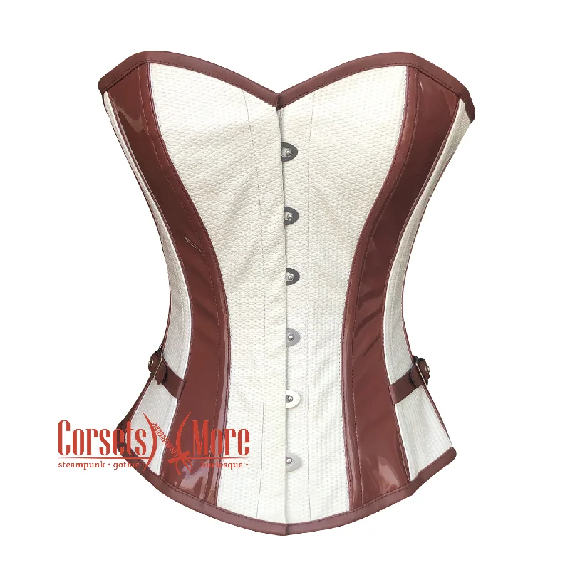 White Rice Leather And Brown PVC Steampunk Overbust Waist Cincher Corset