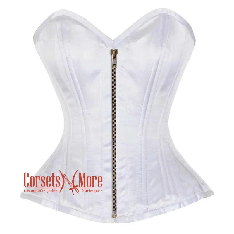 White Satin Burlesque Double Bone Antique Zipper Waist Training Costume Gothic Corset Overbust Top