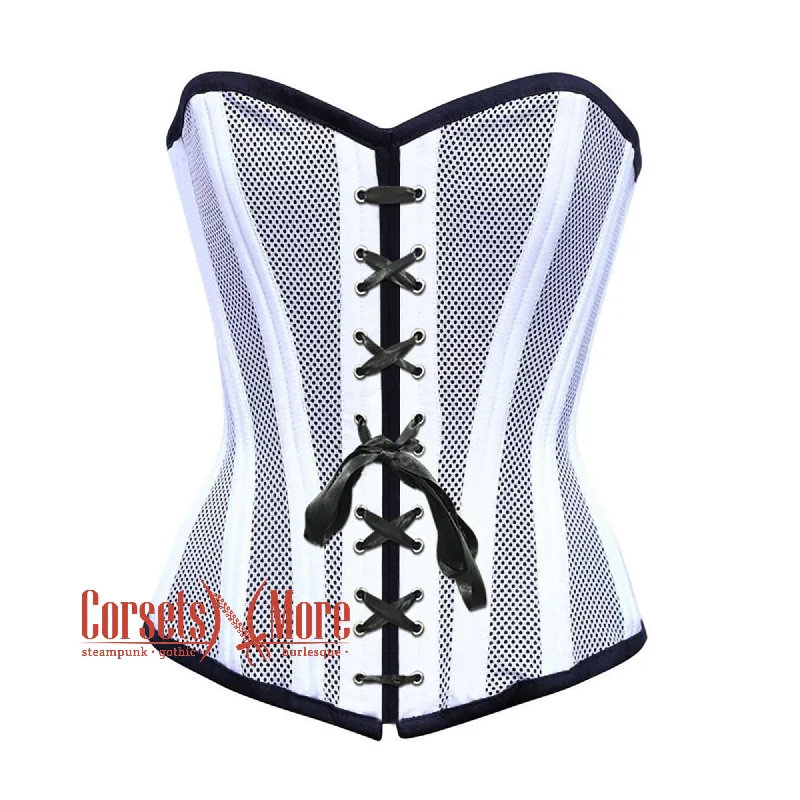 White Satin With Mesh Front Lace Double Bone Burlesque Gothic Overbust Corset Bustier Top