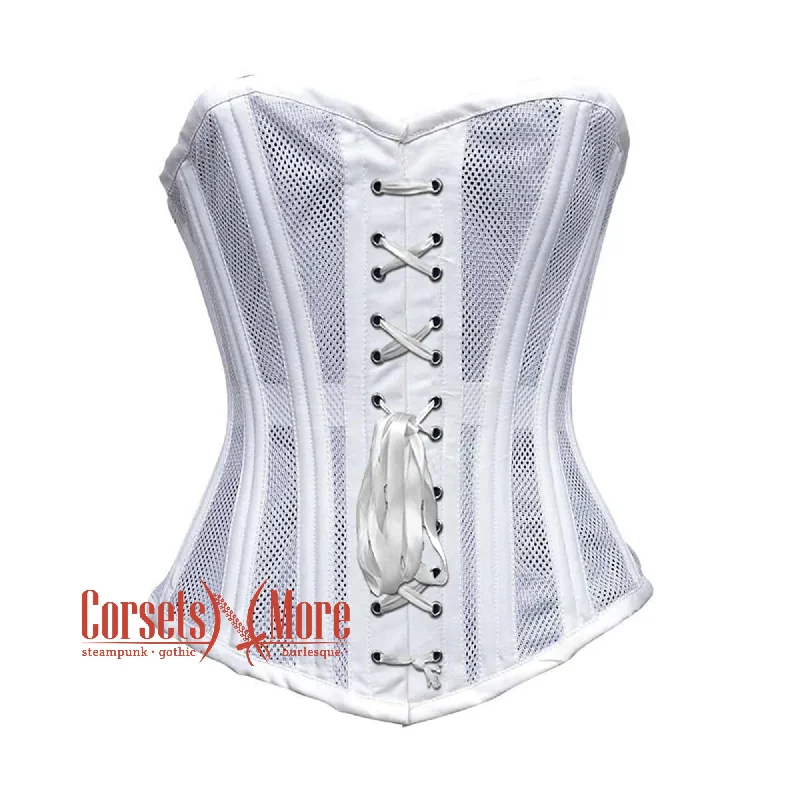 White Satin With Mesh Front Lace Double Bone Burlesque Gothic Overbust Corset Bustier Top