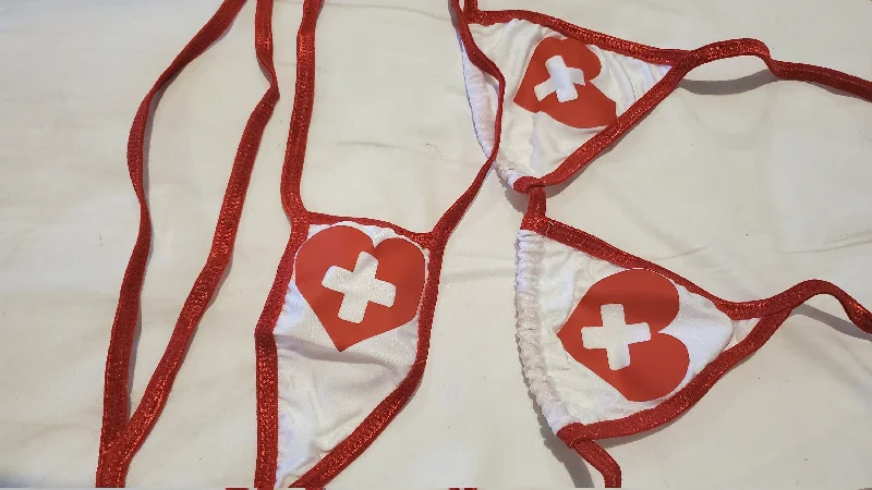 White w Red Nurse Heart Logos w Red Trim Medium Coverage Top Y Back Thong Slingshot 2 Piece Micro Bikini