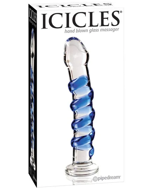 Icicles No. 5 Hand Blown Glass Massager - Clear with Blue Swirls