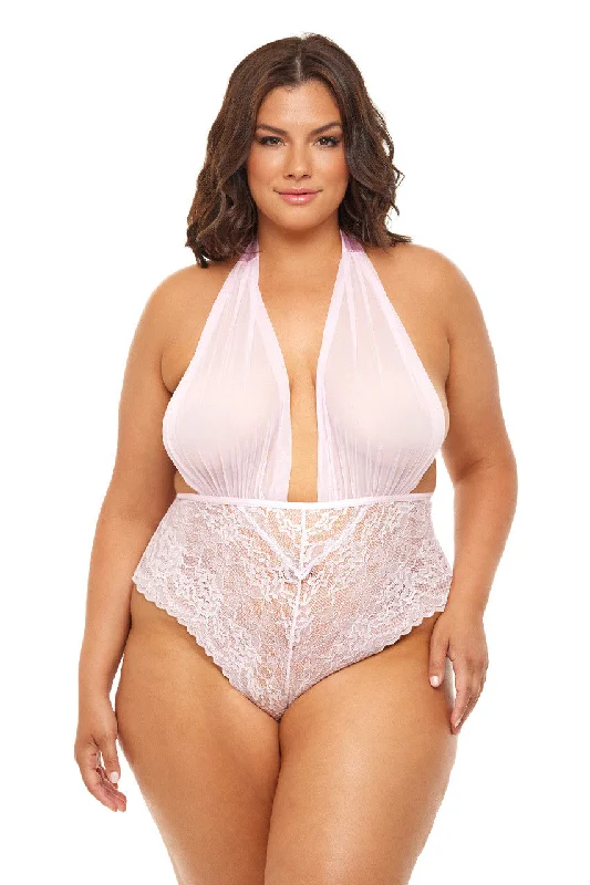 Curvy Aria Sheer Plunge Halter Teddy